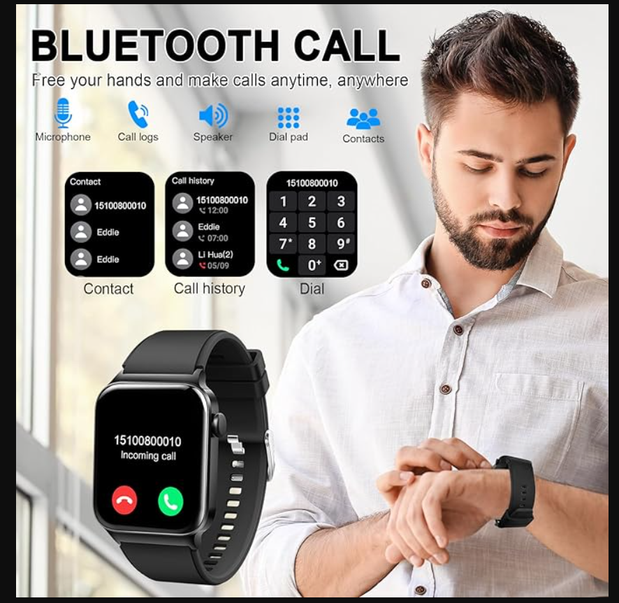Stay connected and track your fitness with this 1.85" smartwatch for men and women. Make and receive calls, monitor your heart rate and sleep, and enjoy 110+ sport modes. It's IP68 waterproof and compatible with Android and iOS devices.